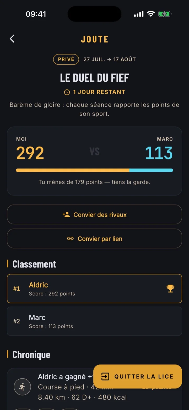 L'écran d'une joute : le score face à face, les boutons pour convier des rivaux ou partager un lien, le classement et la chronique des séances.