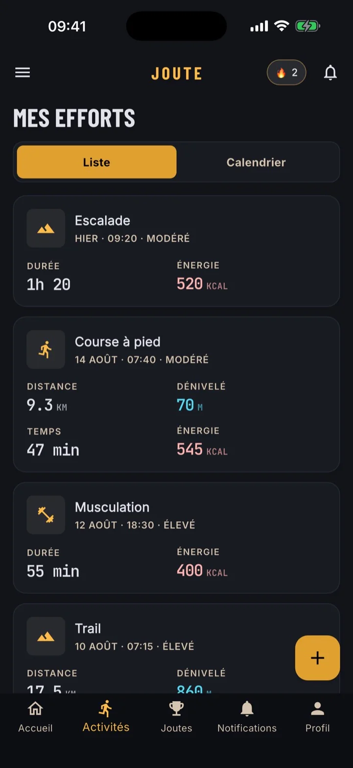 La liste des efforts enregistrés dans Joute : un trail, une séance de musculation et une course à pied, chacun avec sa durée, sa distance et les points gagnés.