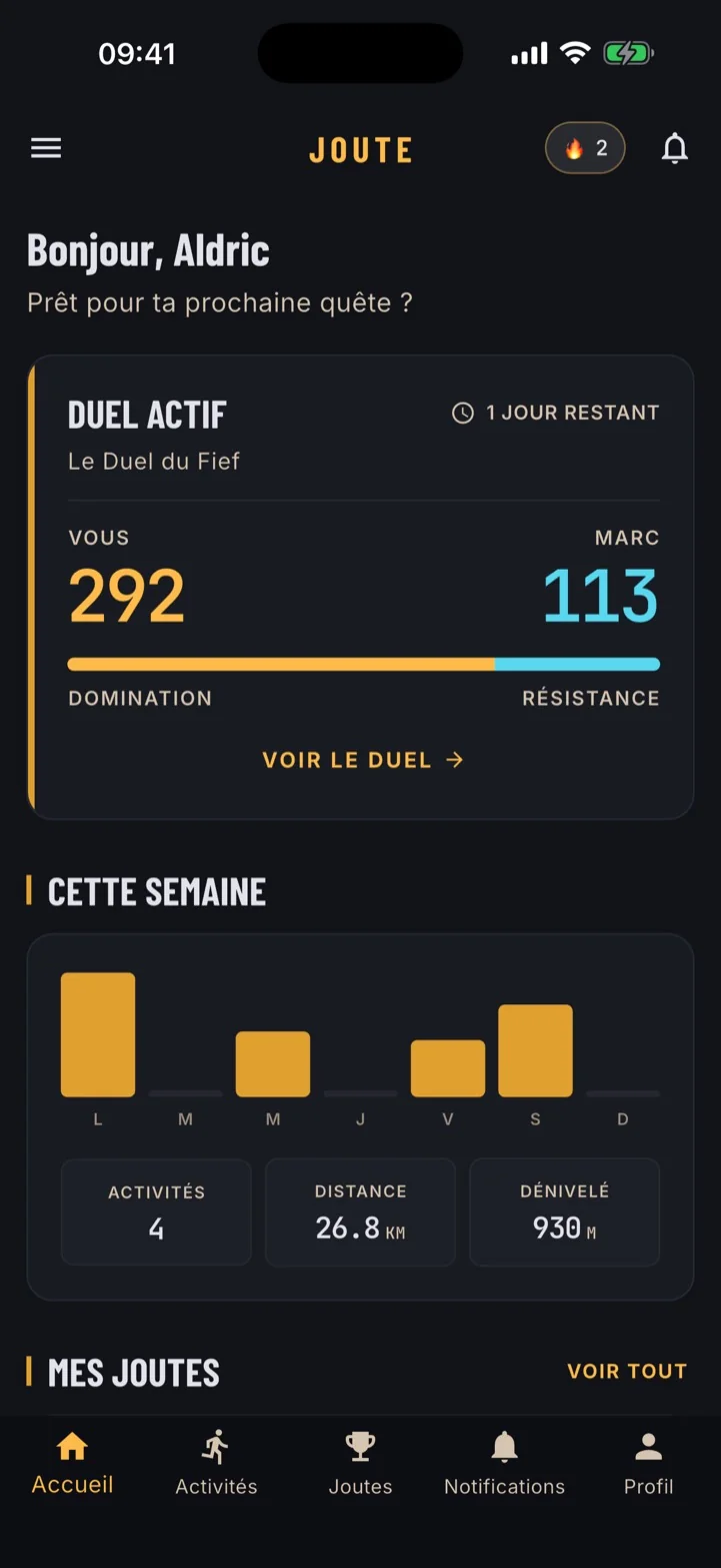 L'accueil de Joute : le duel en cours affiche 292 points contre 113, et le résumé de la semaine totalise 5 activités, 26,8 km et 930 m de dénivelé.